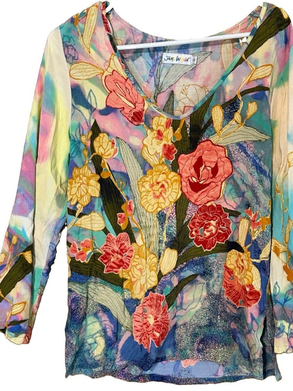 Vtg  Jams World Woman Small Aloha Floral Pullover Long Sleeve Shirt  Marigold